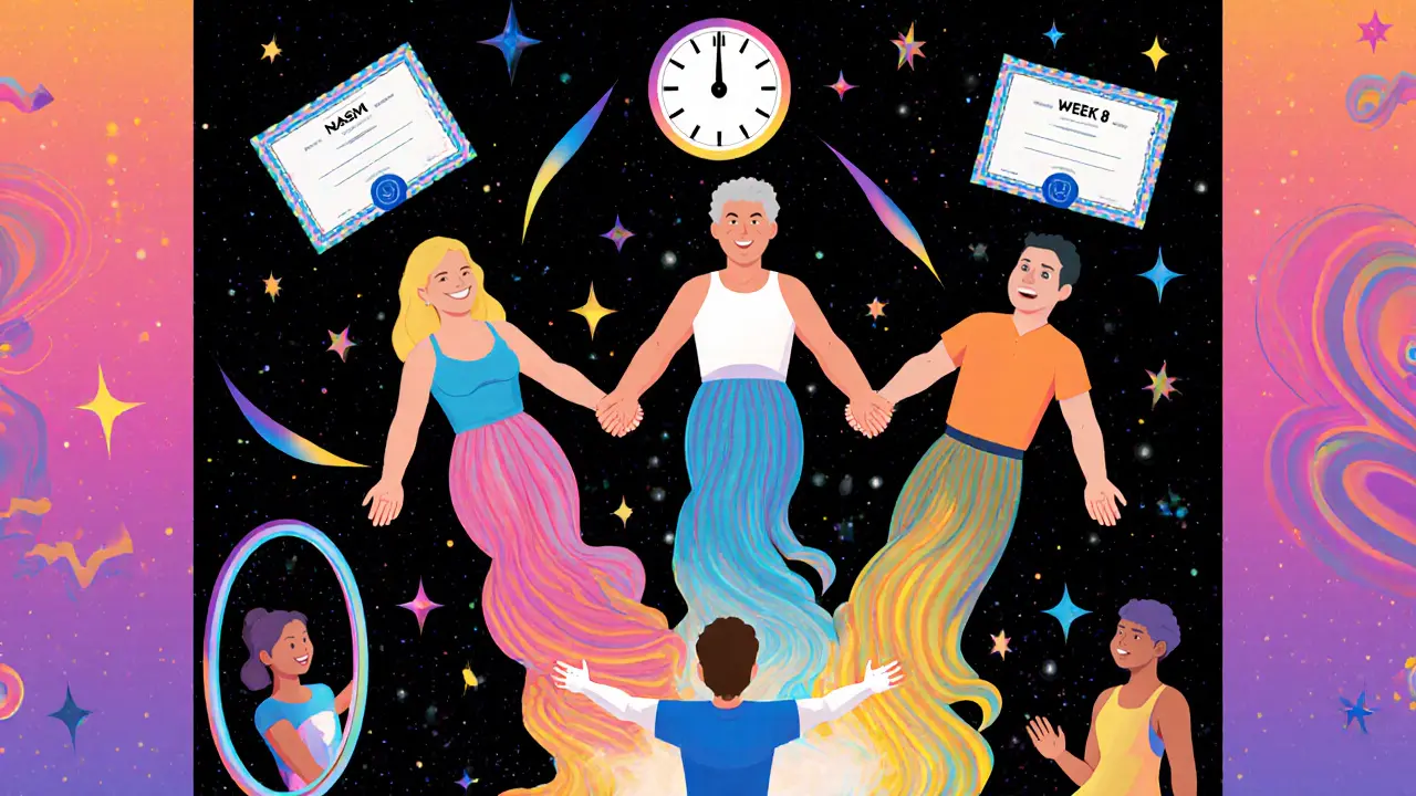 Три клиента поднимаются из тьмы под руководством тренера, окружённые символами здоровья.