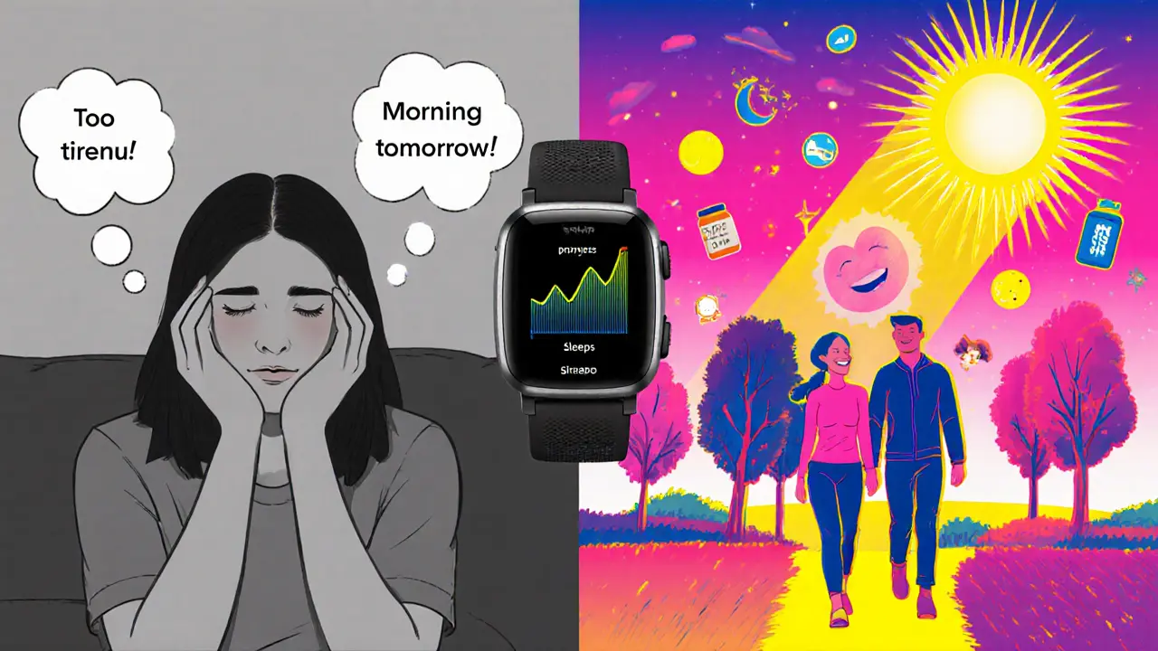 Женщина в двух мирах: на диване и на прогулке с тренером, в ярких цветах.