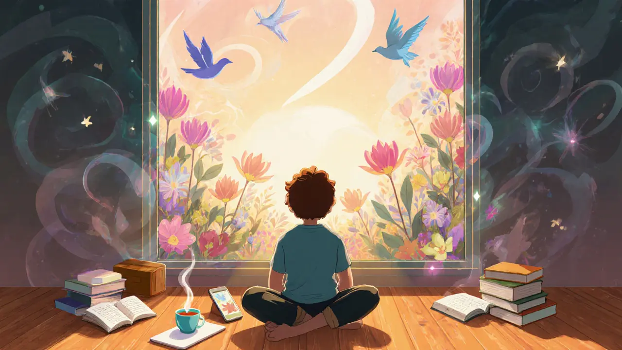 Человек сидит в тишине с чашкой чая и книгами, телефон лежит рядом, вокруг — уютная природа и мягкий свет.