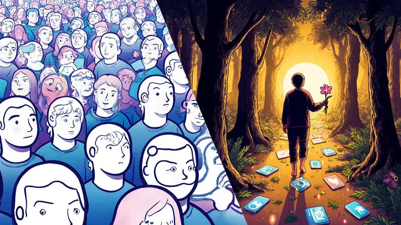 Две стороны: цифровой хаос слева и спокойный лес справа, человек держит цветок, иконки исчезают в листьях.