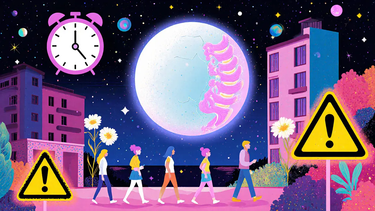 Фитбол в воздухе с голографическими мышцами, за ним — люди с исправленной осанкой и символами прогресса в ярком психоделическом стиле.