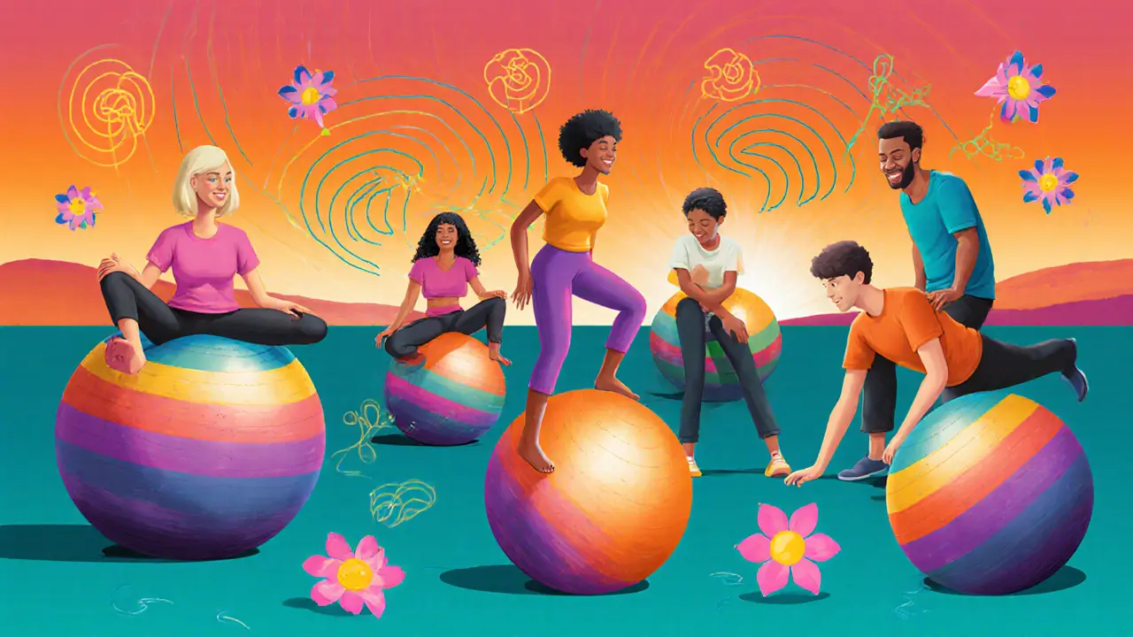 Группа людей выполняет упражнения на разноцветных фитболах, вокруг — цветы, дыхательные линии и светящиеся мышцы в психоделическом стиле.
