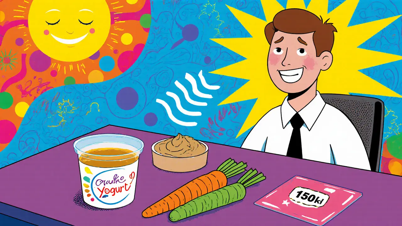 На рабочем столе — йогурт с медом и морковь с хумусом, светящаяся этикетка 150 ккал.