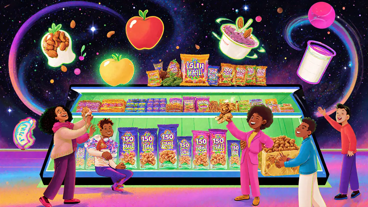 Полка с упаковками перекусов по 150 ккал, яркие цвета и психоделические узоры.