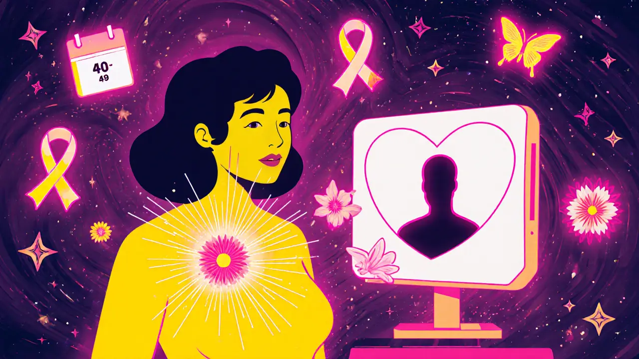 Женщина 40 лет проходит маммографию, а рентгеновские лучи превращаются в бабочек и цветы.