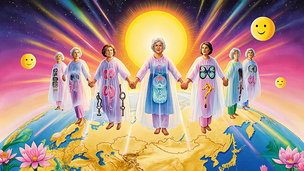 Женщины разных возрастов держатся за руки, их плащи сделаны из медицинских символов скрининга.