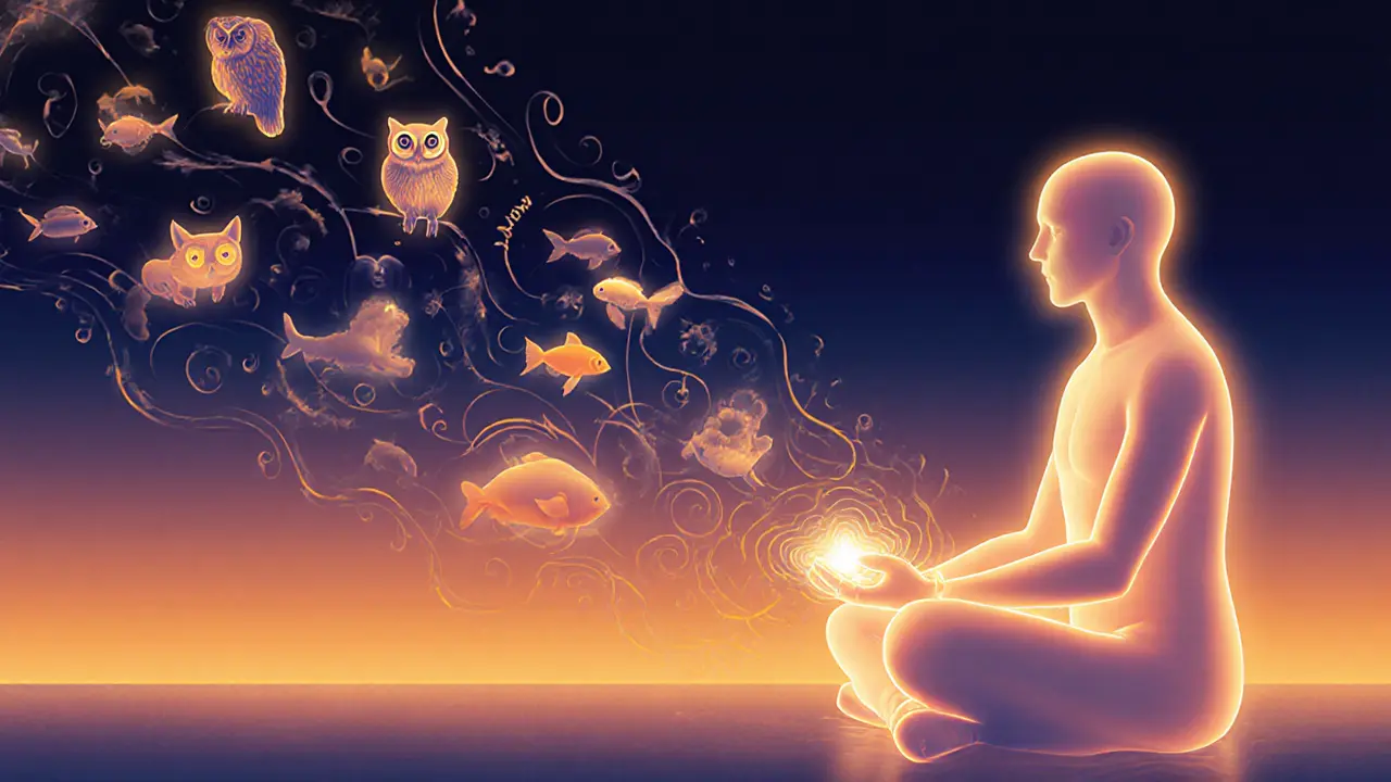 Человек массирует точку на запястье, золотые волны расслабления расходятся по телу, вокруг — плавающие животные.