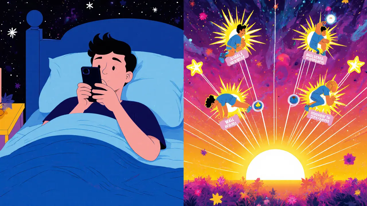 Человек переходит от лени в постели к утренней зарядке с лучами энергии.