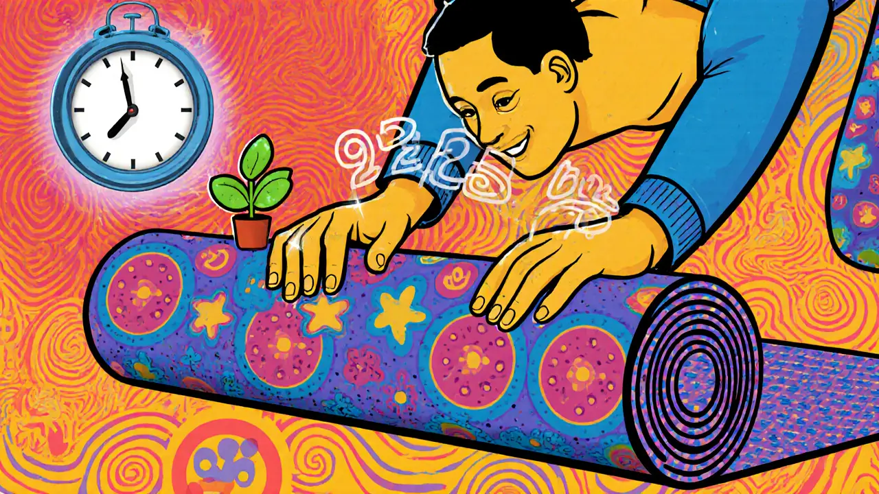 Человек сворачивает коврик в сумку, позади — проекции умных ковриков и растущее растение, в стиле Питера Макс.