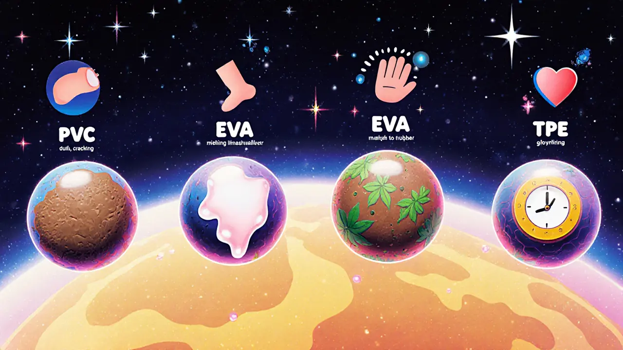 Четыре типа ковриков в виде космических шаров с символами здоровья и времени, в стиле Питера Макс.