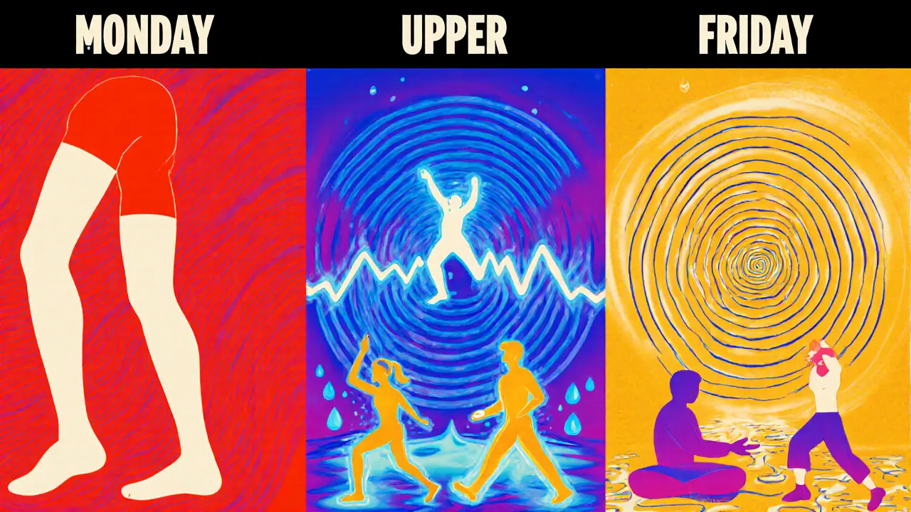 Цветной календарь тренировок с отдыхом, йогой и энергетическими потоками.