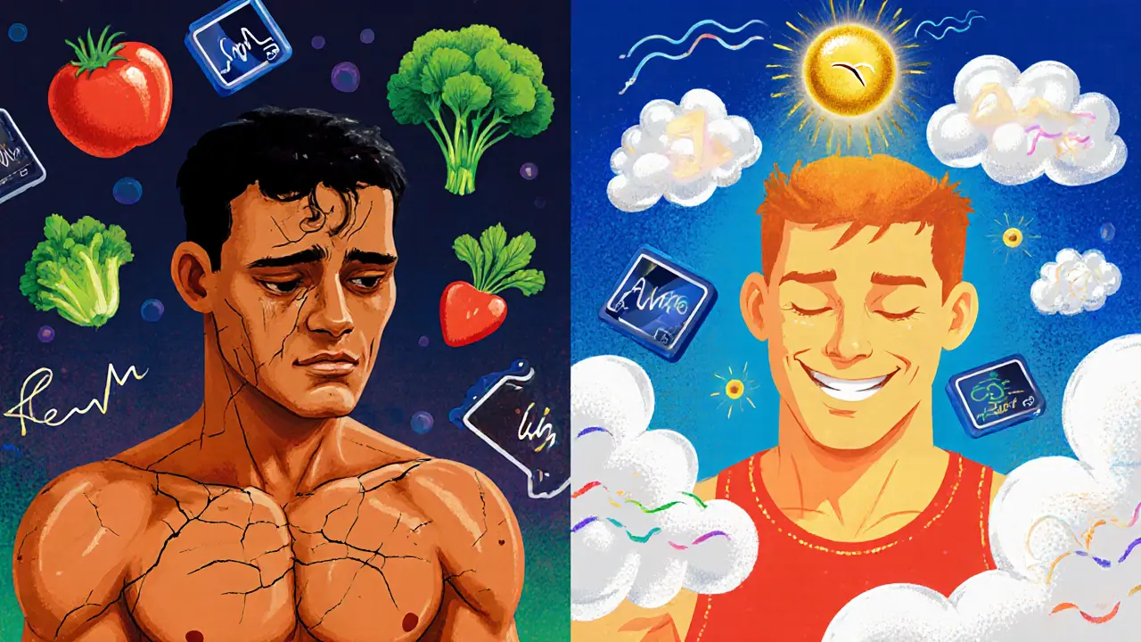 Два лица атлета: уставший и восстановленный, окруженные символами питания и сна.