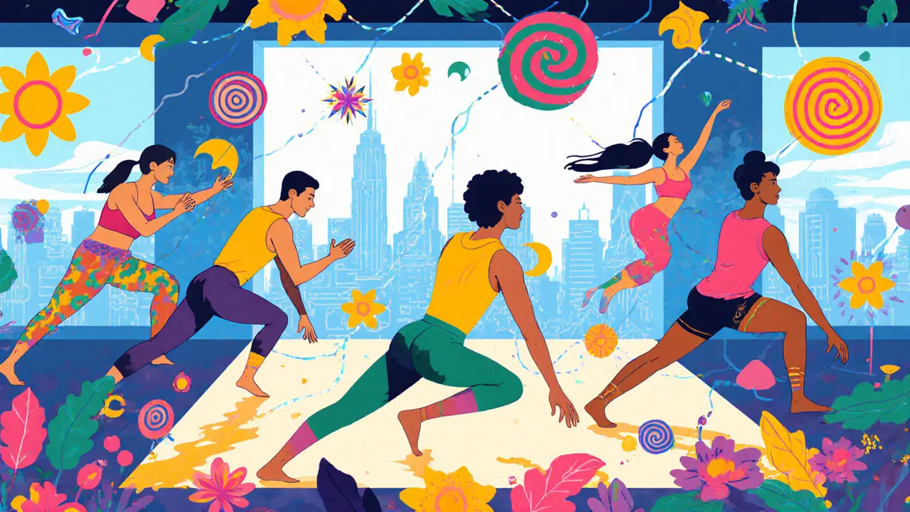 Группа людей занимается пауэр-йогой в ярком интерьере, вокруг них — световые потоки и психоделические узоры.