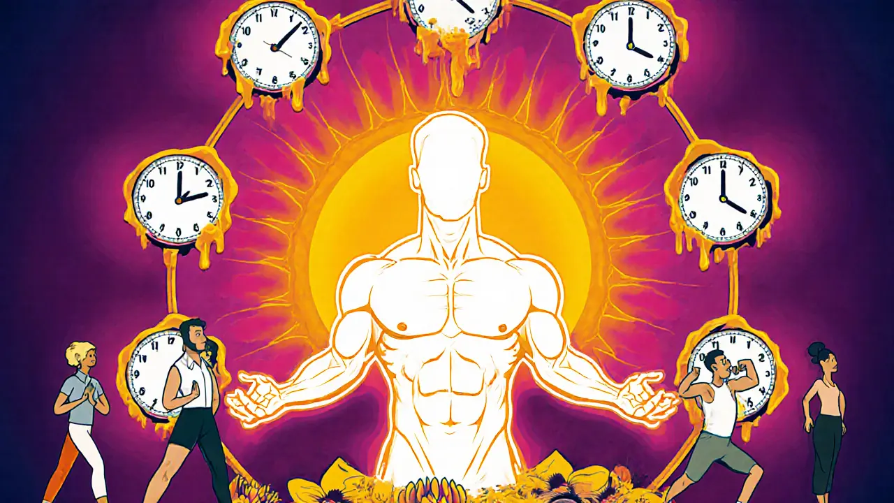 Силуэт человека в виде мандалы из поз йоги, с солнцем позади и фигурами, символизирующими преображение.