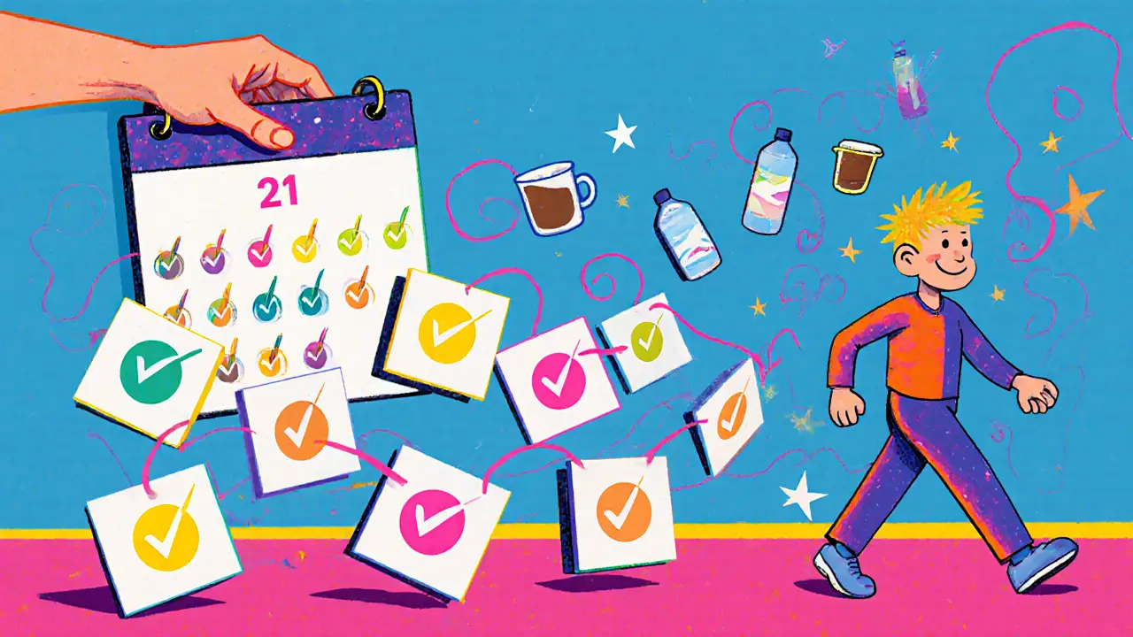 Стена с календарем из зачёркнутых дней, образующих цветную цепочку прогресса.