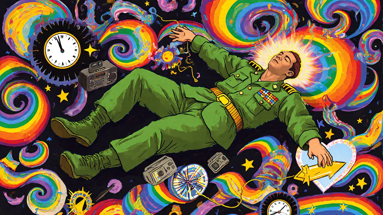 Воин расслаблен в хаосе часов и радио, его тело окутано радужными потоками спокойствия.