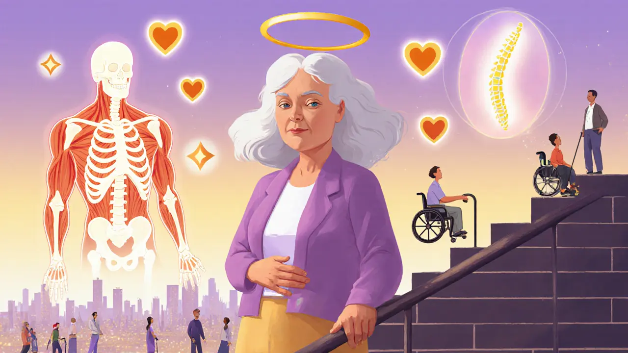 Пожилая женщина уверенно стоит у лестницы, не держась за перила, вокруг — светящиеся мышцы и символы здоровья.