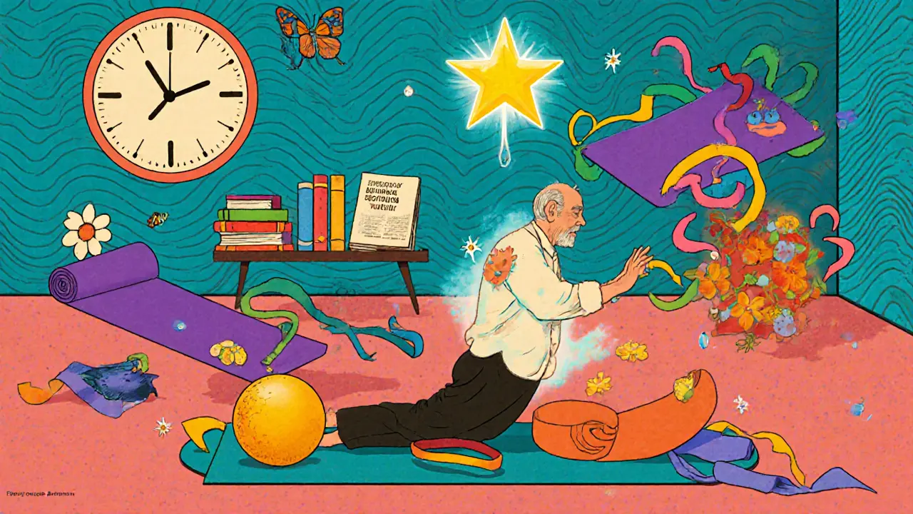 Пожилой мужчина выполняет упражнение на четвереньках, вокруг — плавающие ленты, мяч и магические элементы, символизирующие восстановление.