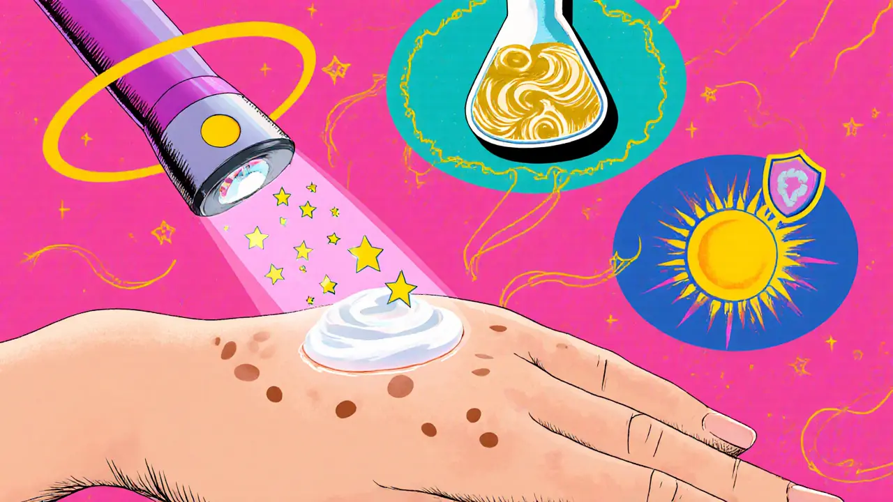 Рукава наносят крем на кожу, вокруг — лазер, химические флаконы и солнце с щитом в ярком психоделическом стиле.