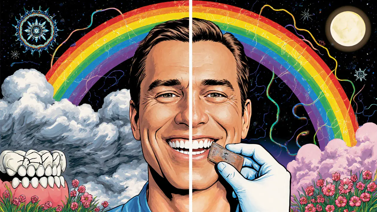 Стоматолог надевает капу, а за спиной — противопоставление разрушенных и здоровых зубов.