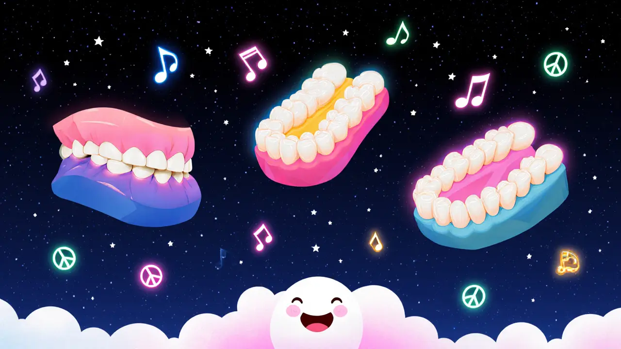 Три разноцветные капы для сна, парящие в ночном небе, каждая со своим стилем защиты.