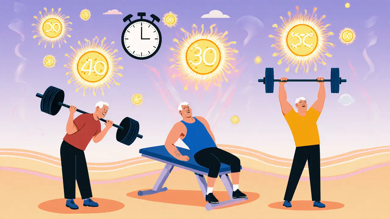 Трое мужчин разных возрастов делают базовые упражнения, вокруг них — светящиеся молекулы тестостерона.