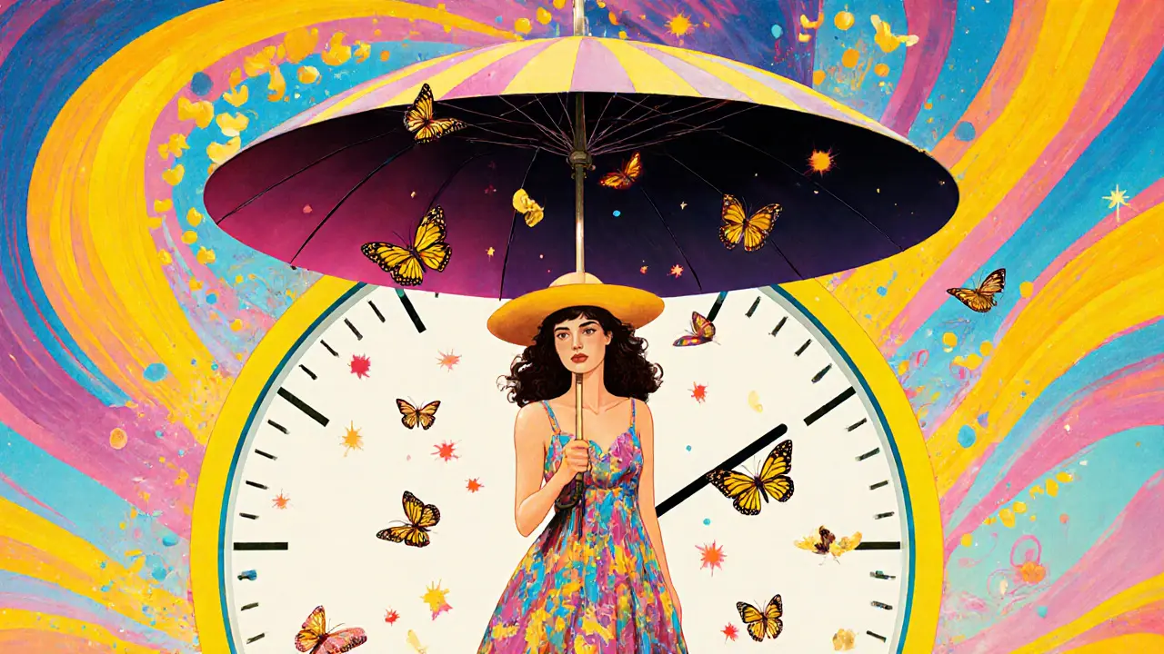 Женщина под зонтиком SPF 50+, пигментные пятна превращаются в бабочек, солнце блокируется шляпой и тканью в стиле Питера Макса.