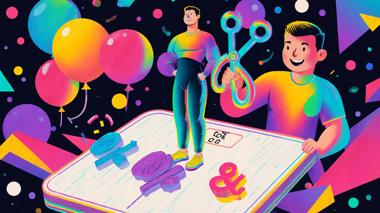 Человек на весах с неоновыми показателями жира и мышц, тренер с радужными щипцами, фон — психоделические геометрические узоры.