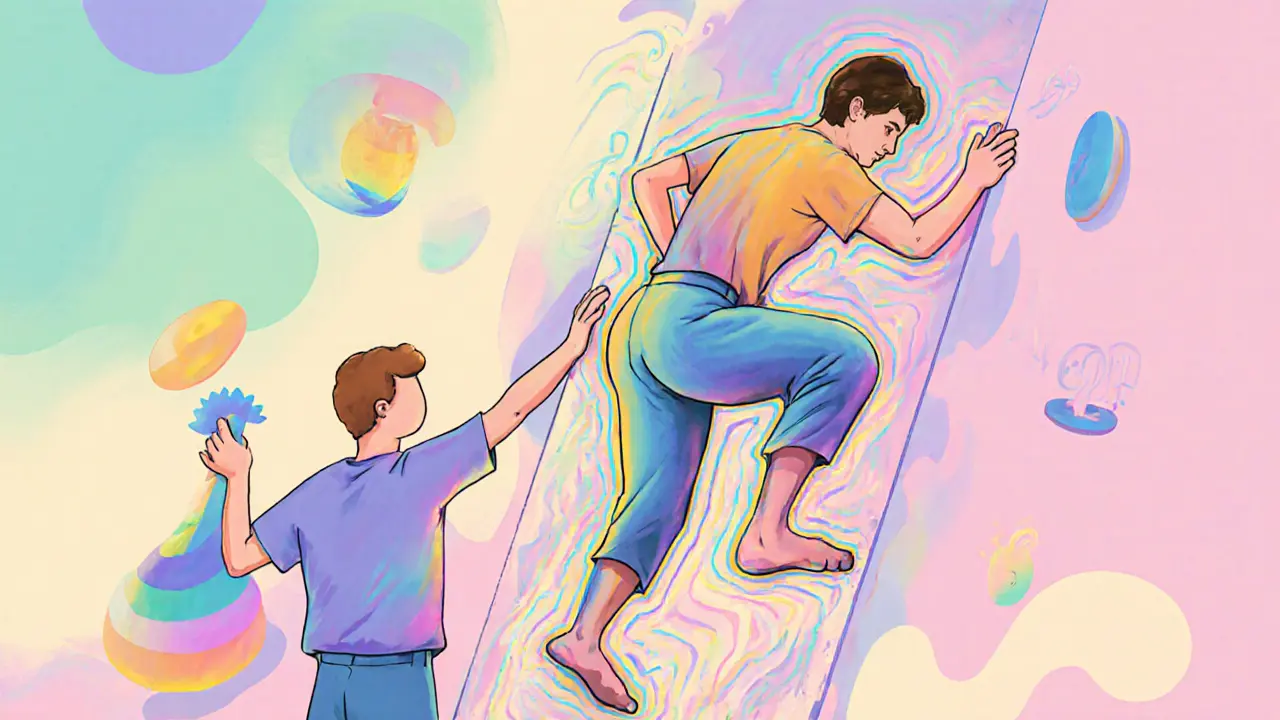 Человек поднимается по стене в стойке на руках, партнер держит ноги, вокруг — радужные волны.