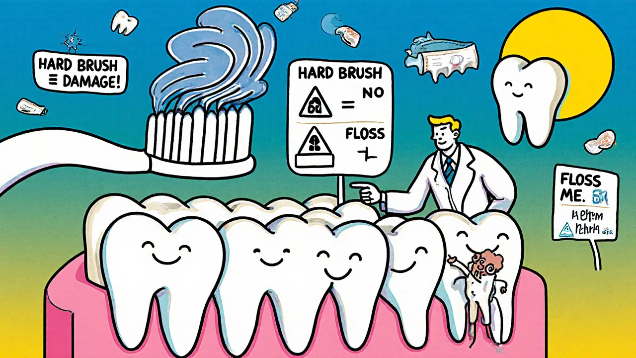 Гигантская мягкая щетка чистит зубы, рядом — диаграммы RDA и предупреждения о вреде жестких щеток.
