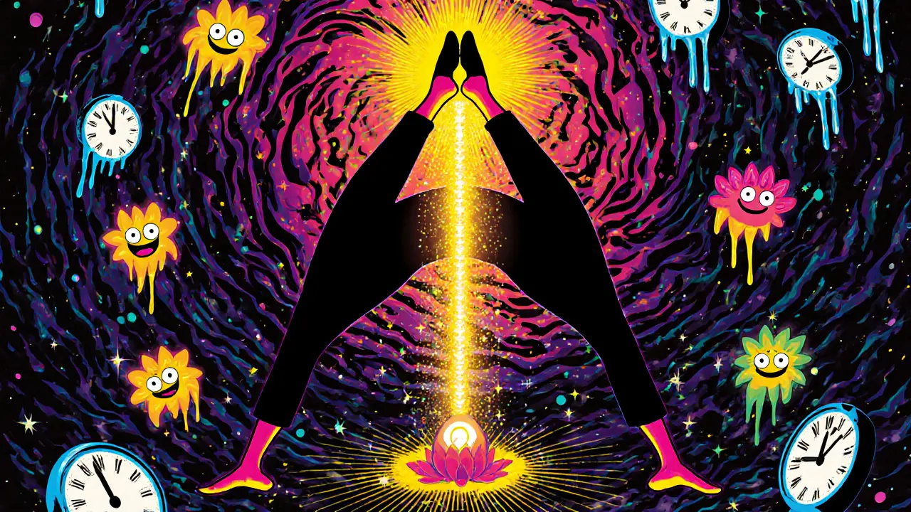 Йог в свободной стойке на руках, окружённый космическими узорами и светящимися чакрами.