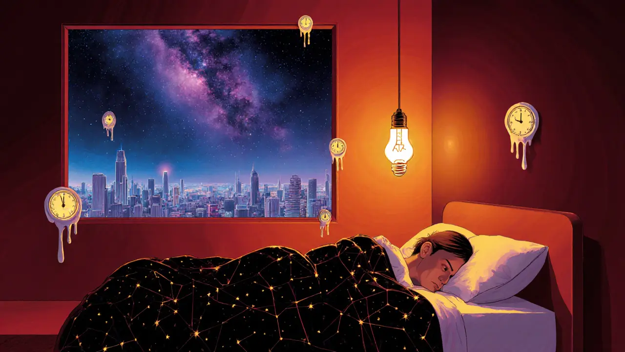 Ночная спальня в тёплом красно-оранжевом свете, спящий человек под звёздным одеялом, за окном — космическая туманность.