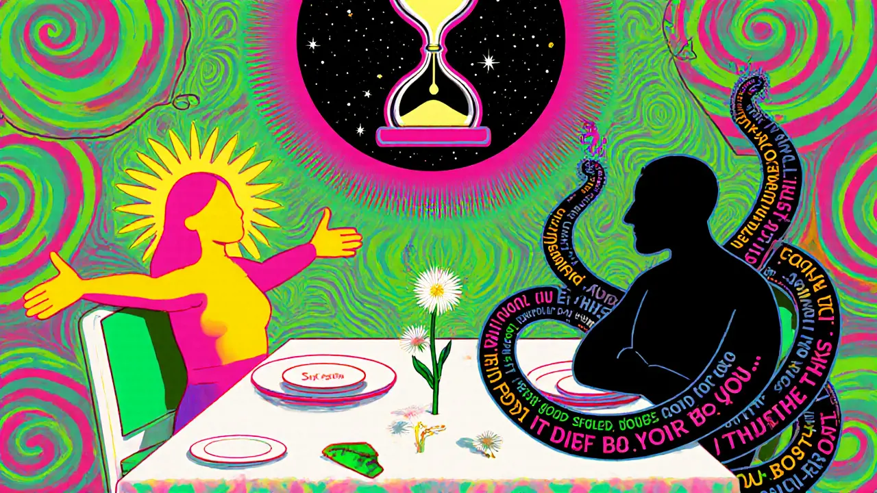 Пара за столом: один в цветах, другой в тени с навязчивыми словами, над ними — песочные часы, поглощающие самооценку.