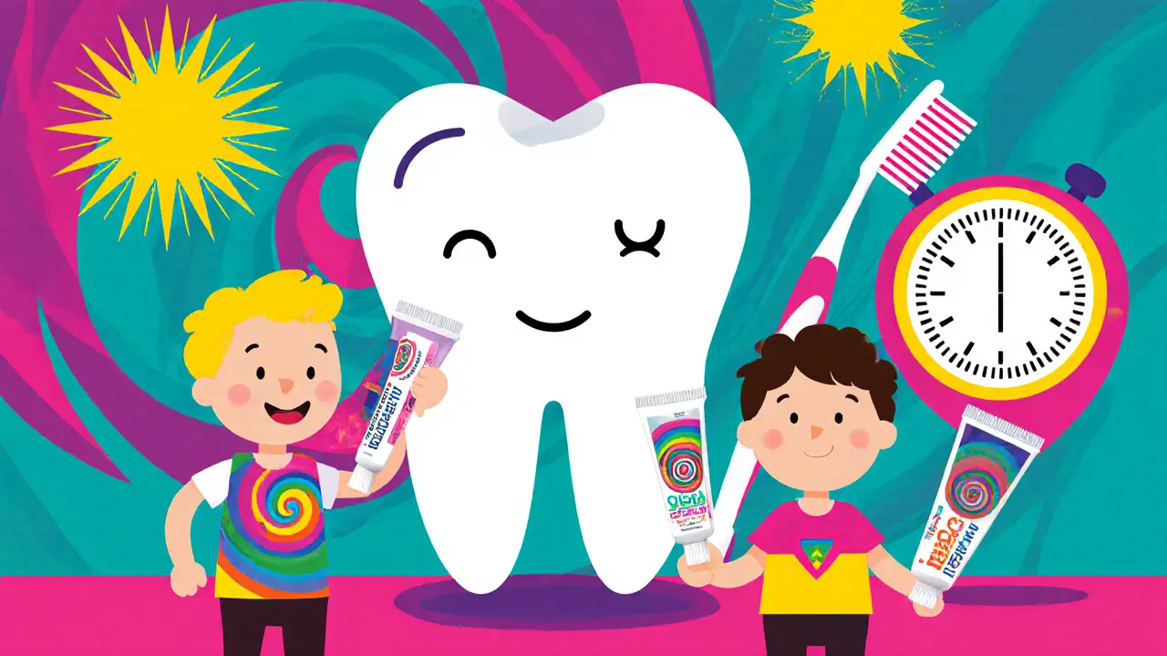Ребёнок и взрослый с разными пастами, зуб с улыбкой, часы и щётка с сорванными ворсинками на фоне ярких узоров.