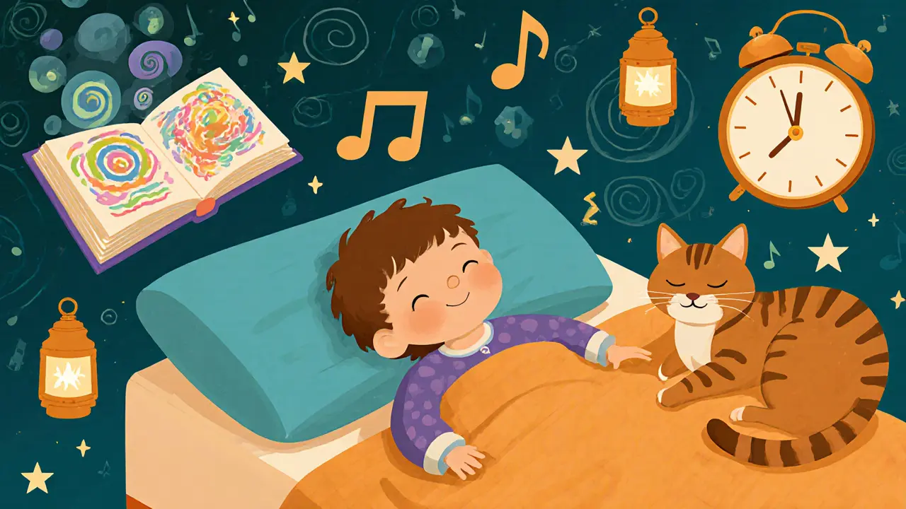 Ребёнок перед сном: ванна, книга и светящиеся ноты в психоделическом стиле.