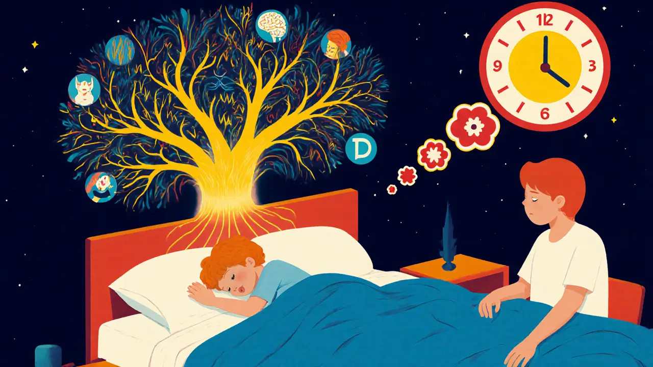 Ребёнок спит, родитель рядом — над ними растёт дерево сна и светящихся циклов.