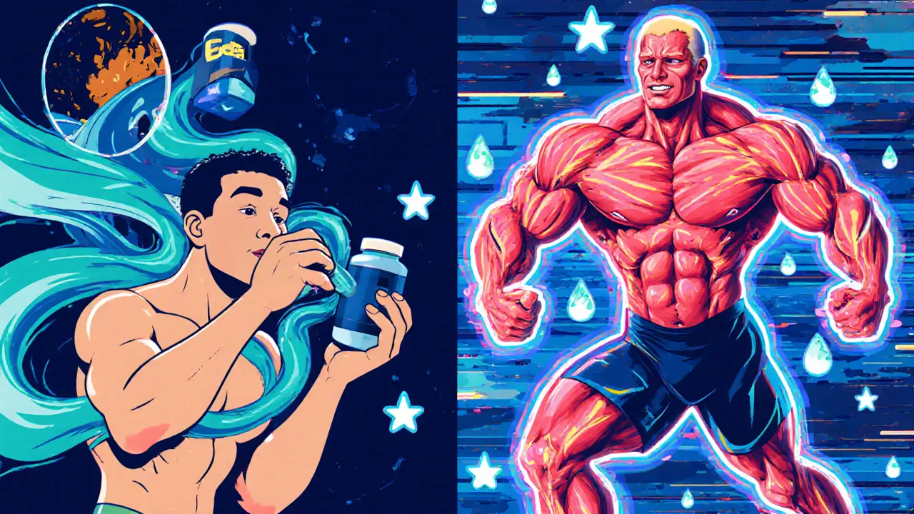 Спортсмен принимает BCAA и цитруллин перед тренировкой, мышцы светятся сине-зеленым светом.