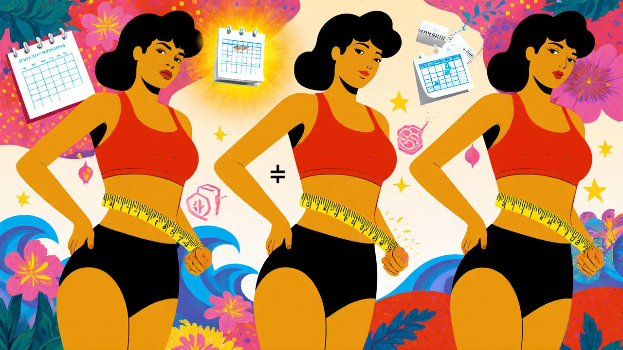 Три фигуры с постепенно уменьшающейся талией, вокруг — ленты, календари и уравнение соотношения талии и бёдер, яркий психоделический фон.