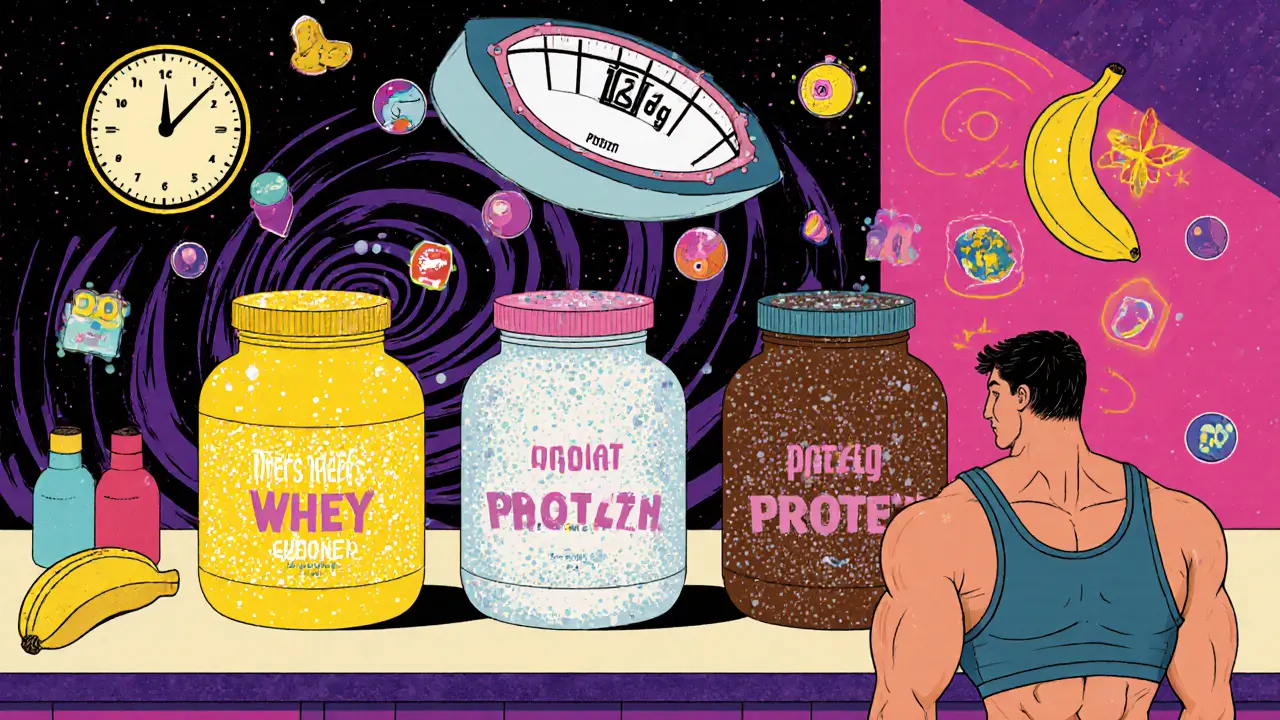 Три вида протеина на контрастном фоне с бананами и цифрами белка в стиле Питера Макса.