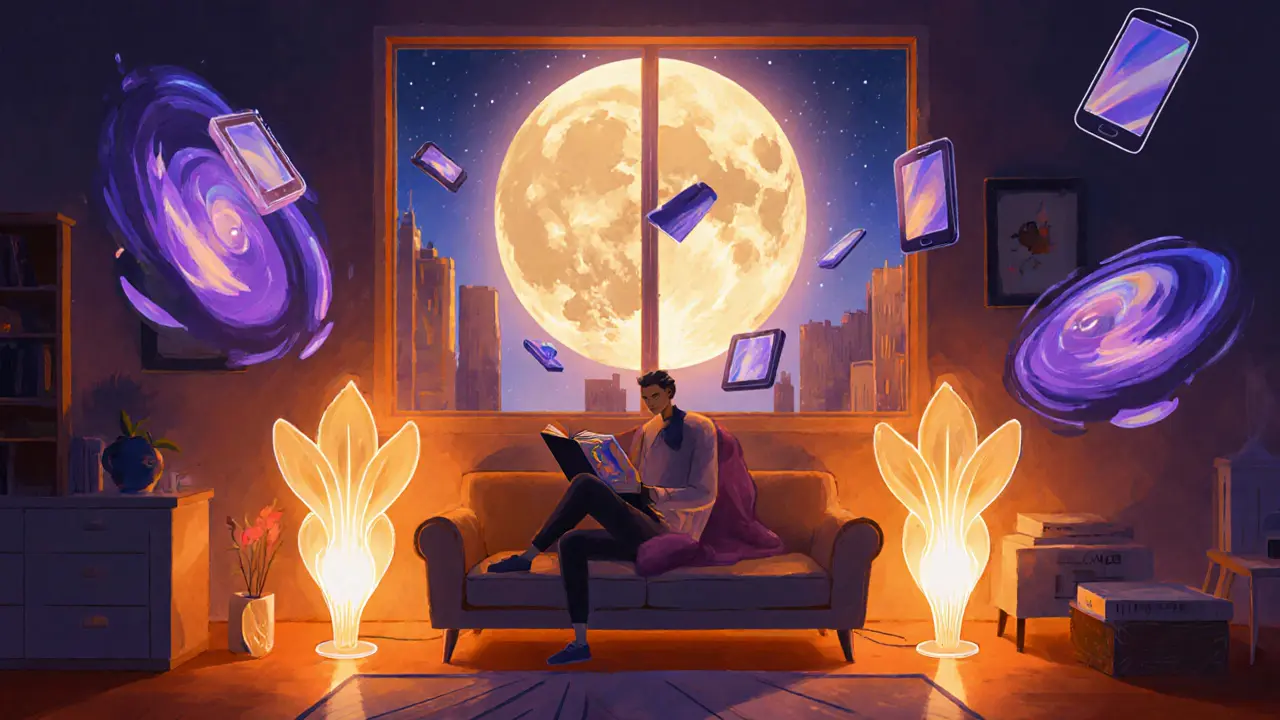 Уютный вечерний интерьер с тёплым светом ламп, человек читает, а цифровые устройства растворяются в фиолетовых вихрях.