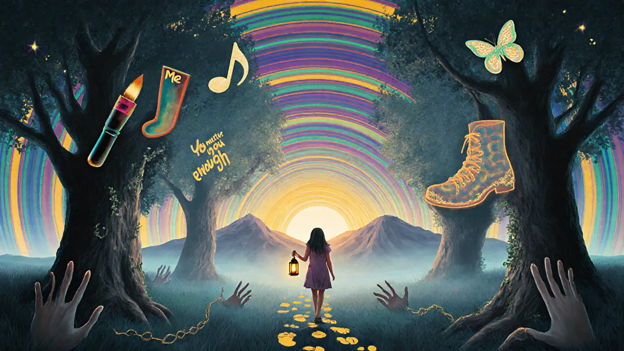 Женщина идет по лесу, теряя увлечения, но несет фонарь &#039;Я&#039;, впереди — путь к рассвету, вокруг — бабочки с поддержкой.