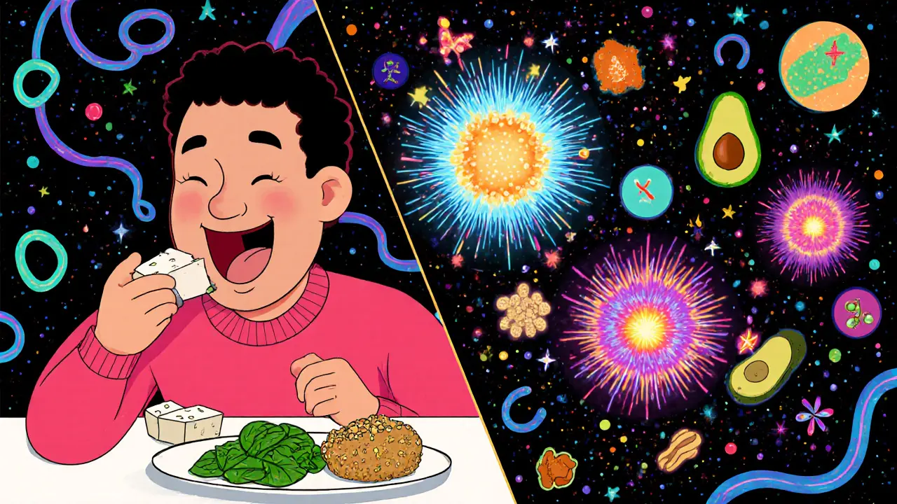 Человек ест тофу и киноа, а вокруг него вспыхивают цветные молекулы белка и электролитов в психоделическом стиле.