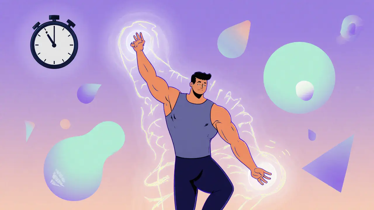 Человек растягивает мышцы бёдер после тренировки в спокойной атмосфере с мягким сиянием.