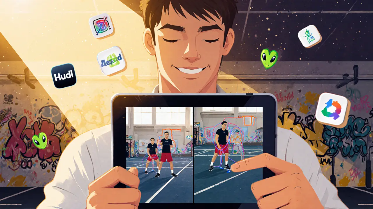 Человек смотрит на планшет с видеоанализом, вокруг — ар-наложенные линии и иконки приложений в психоделическом стиле.