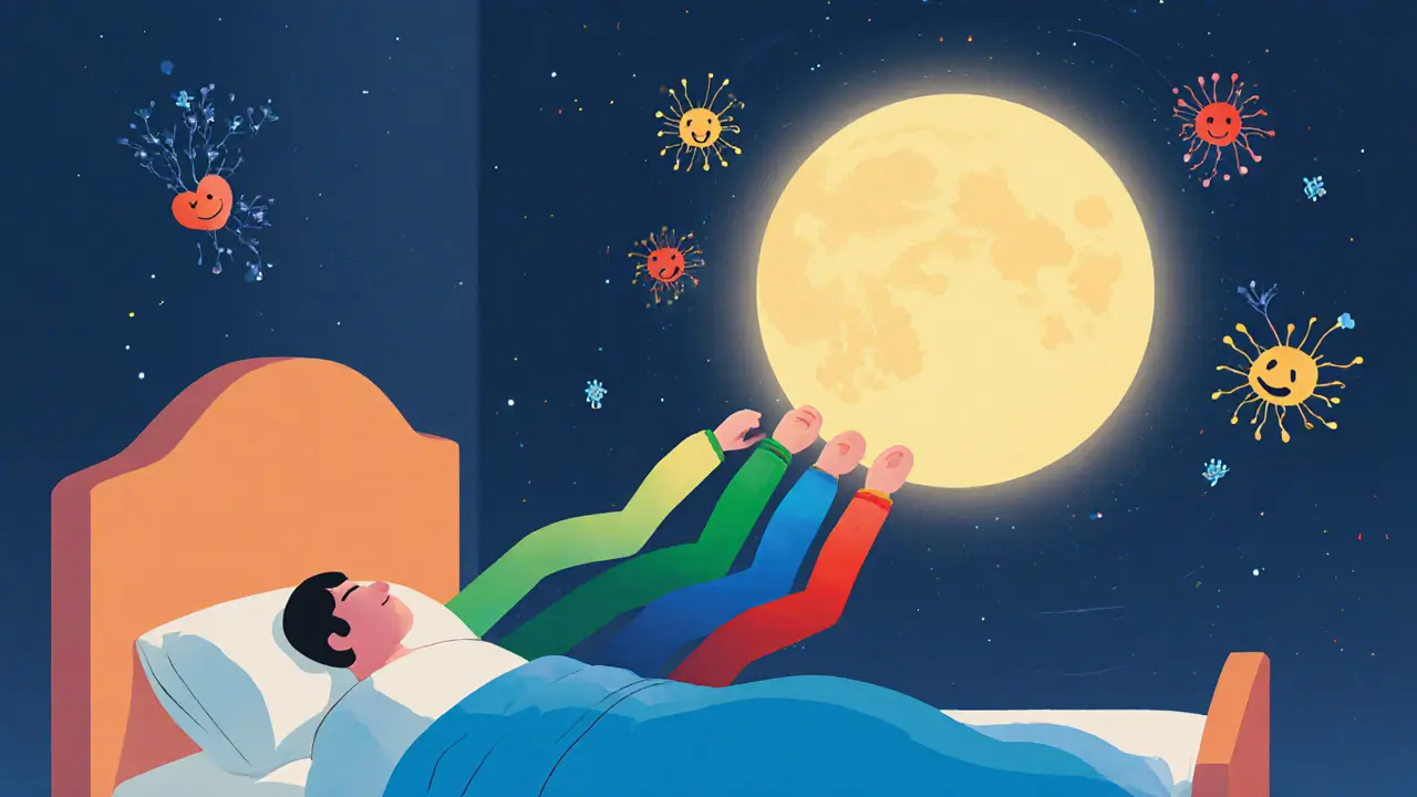 Человек в кровати под луной-квадратом, четыре цветных луча направляют цикл дыхания.