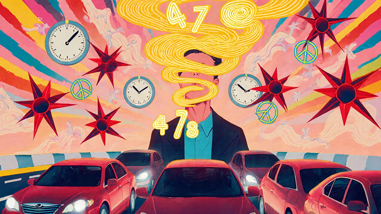 Человек в пробке, изо рта выходит золотая спираль дыхания, числа 4-7-8 светятся в воздухе.