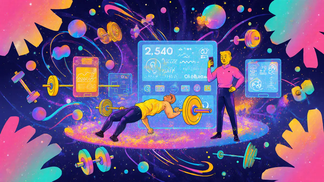 Футуристический зал с голографическим анализом тела и тренером, использующим приложение для коррекции техники.