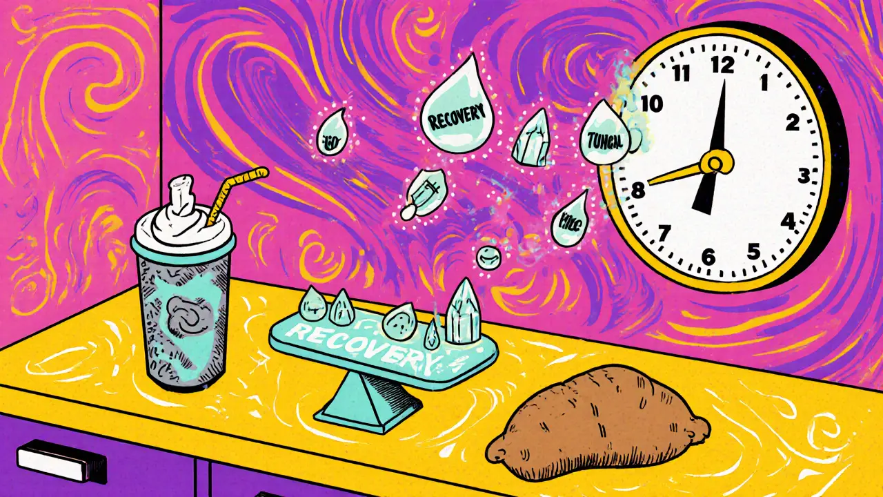 Кухонная стойка с протеиновым коктейлем и сладким картофелем, где пот капает и превращается в кристаллы электролитов.