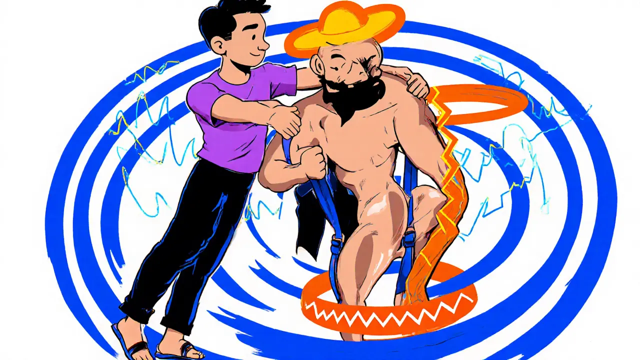 Новичок использует ремень для ПНФ-растяжки с партнёром, вокруг — энергетические волны.