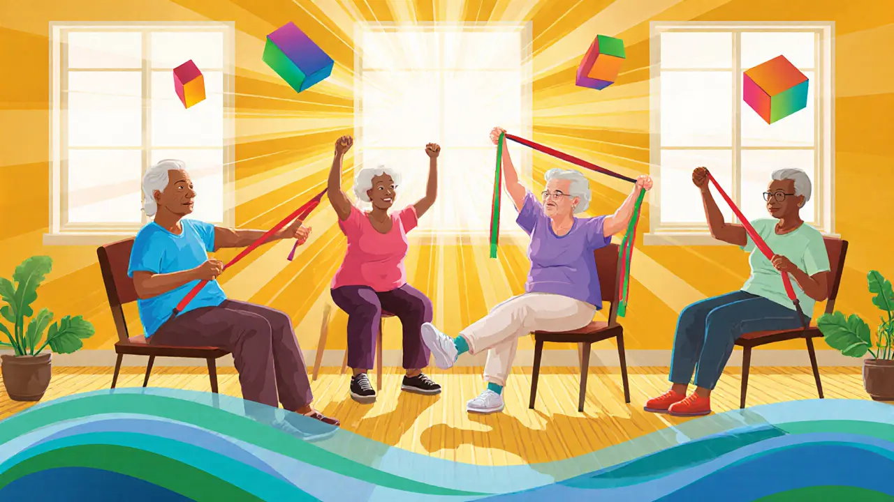 Пенсионеры выполняют упражнения на стульях в ярком зале с геометрическими узорами.